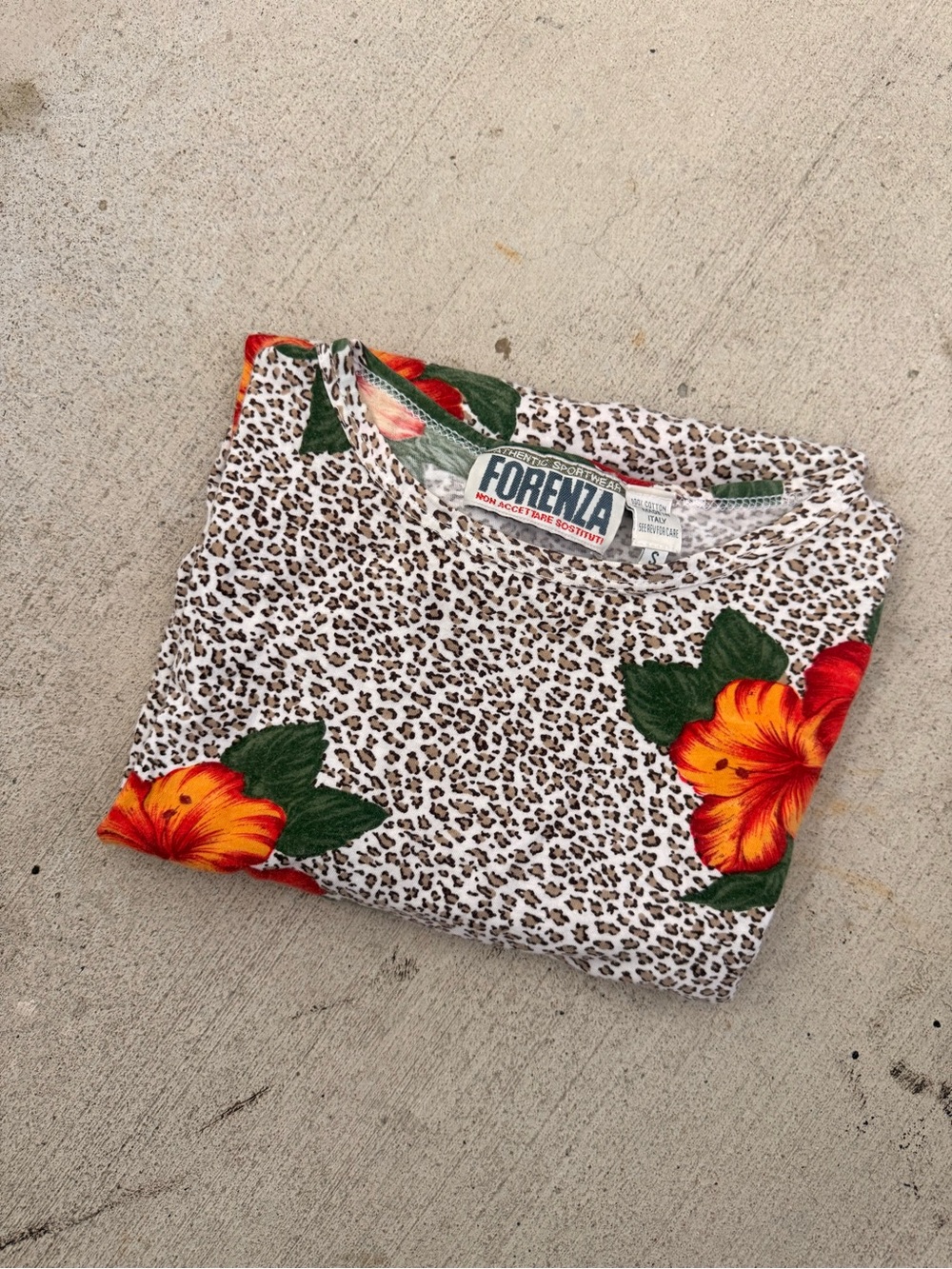 Forenza White Leopard Print Tee with Orange Floral Accents